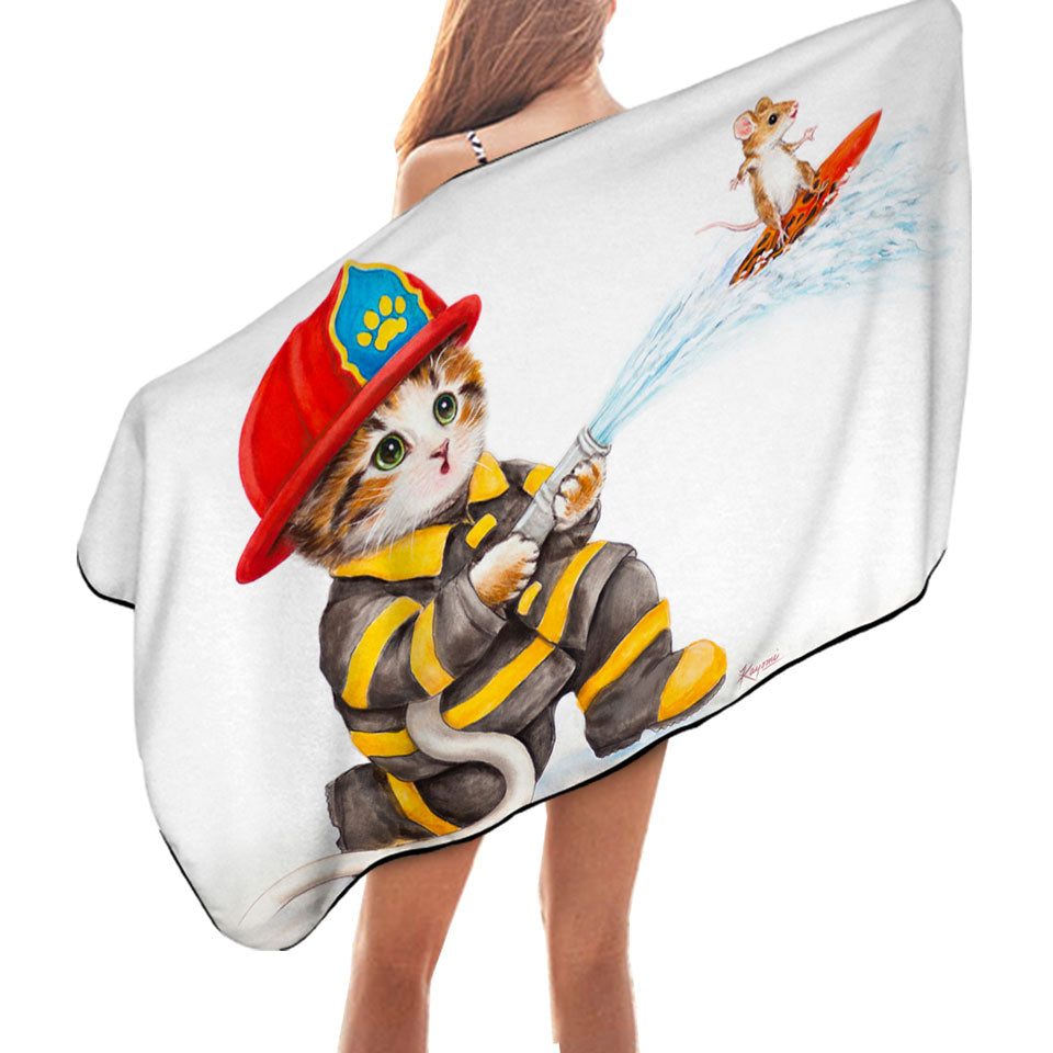 Funny Cats Cute Fire Fighter Beach Towels for Kids