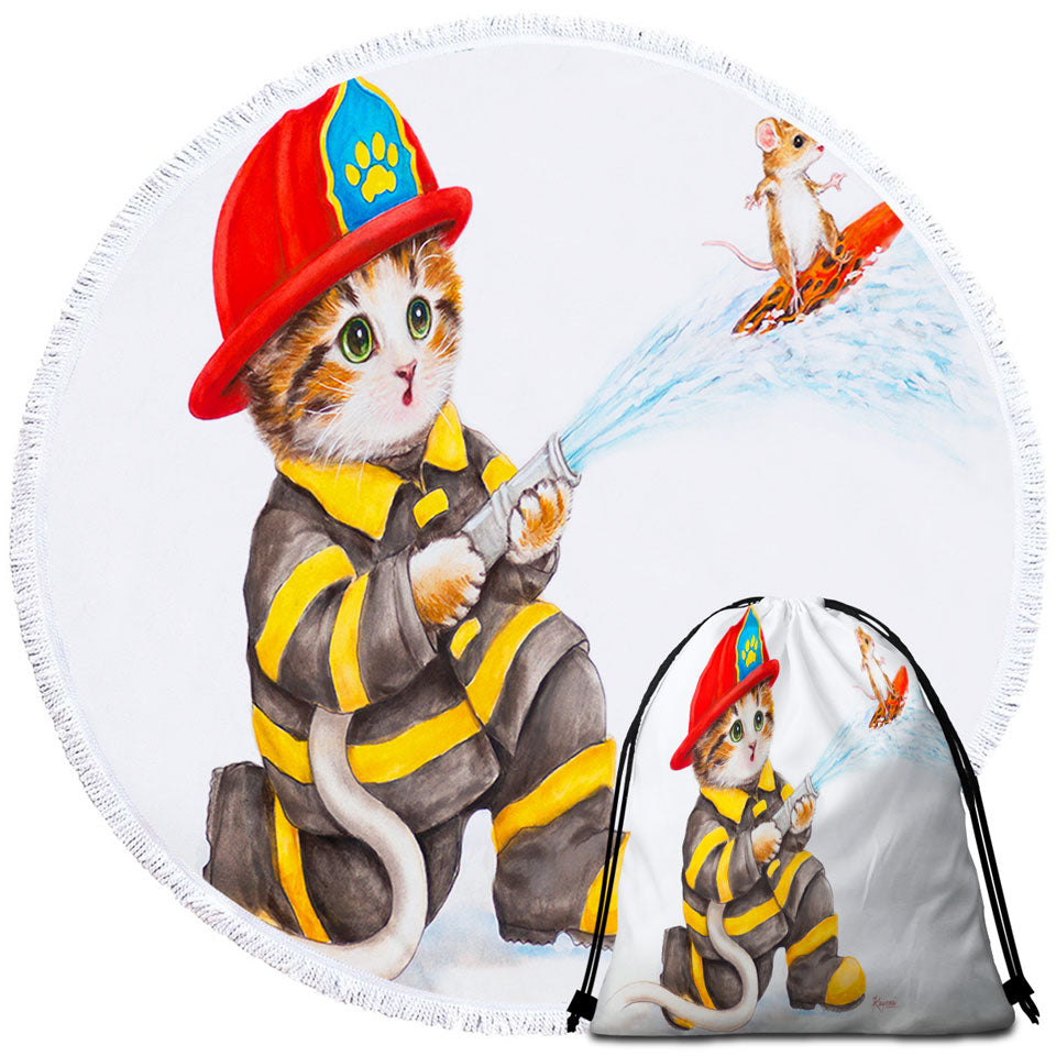 Funny Cats Cute Fire Fighter Beach Towels set with Bags for Kids