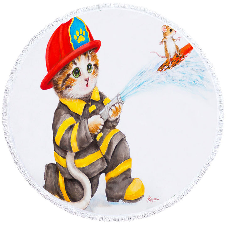 Funny Cats Cute Fire Fighter Round Beach Towel for kids