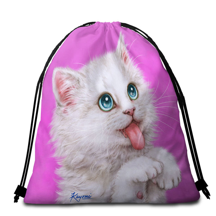 Funny Cats Hungry White Kitty Cat over Pink Beach Towel Bags