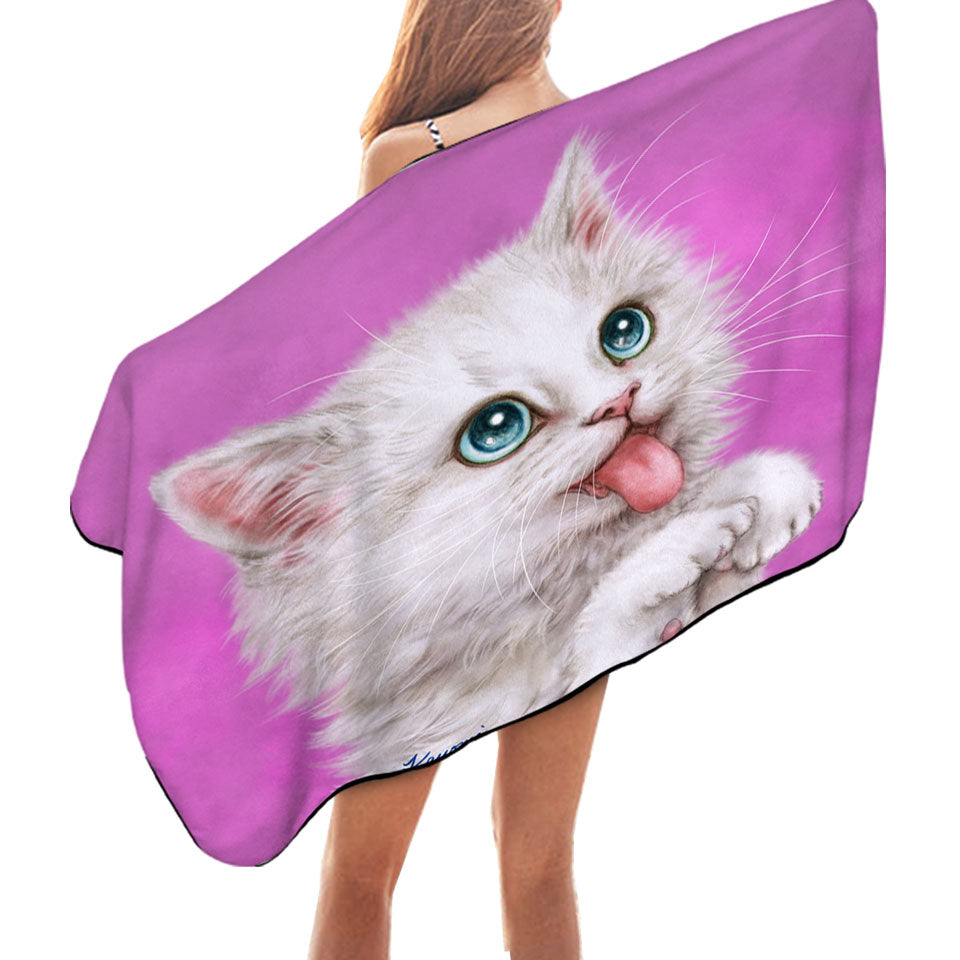 Funny Cats Hungry White Kitty Cat over Pink Beach Towel