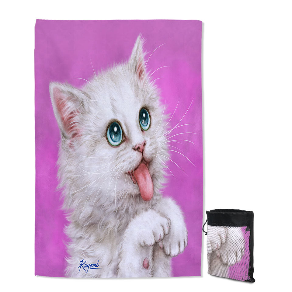 Funny Cats Hungry White Kitty Cat over Pink Beach Towels