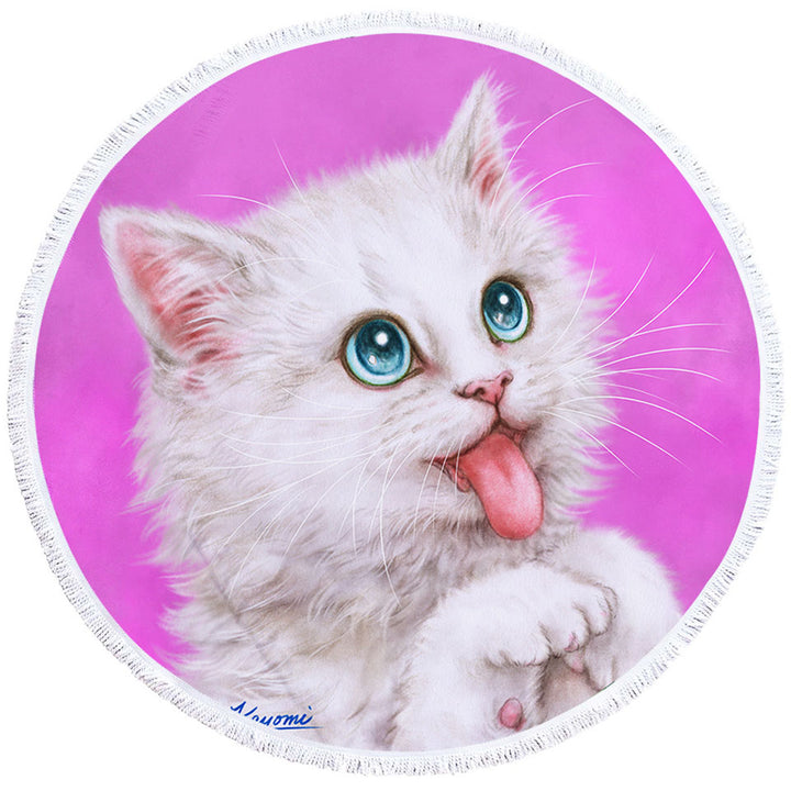 Funny Cats Hungry White Kitty Cat over Pink Circle Beach Towel