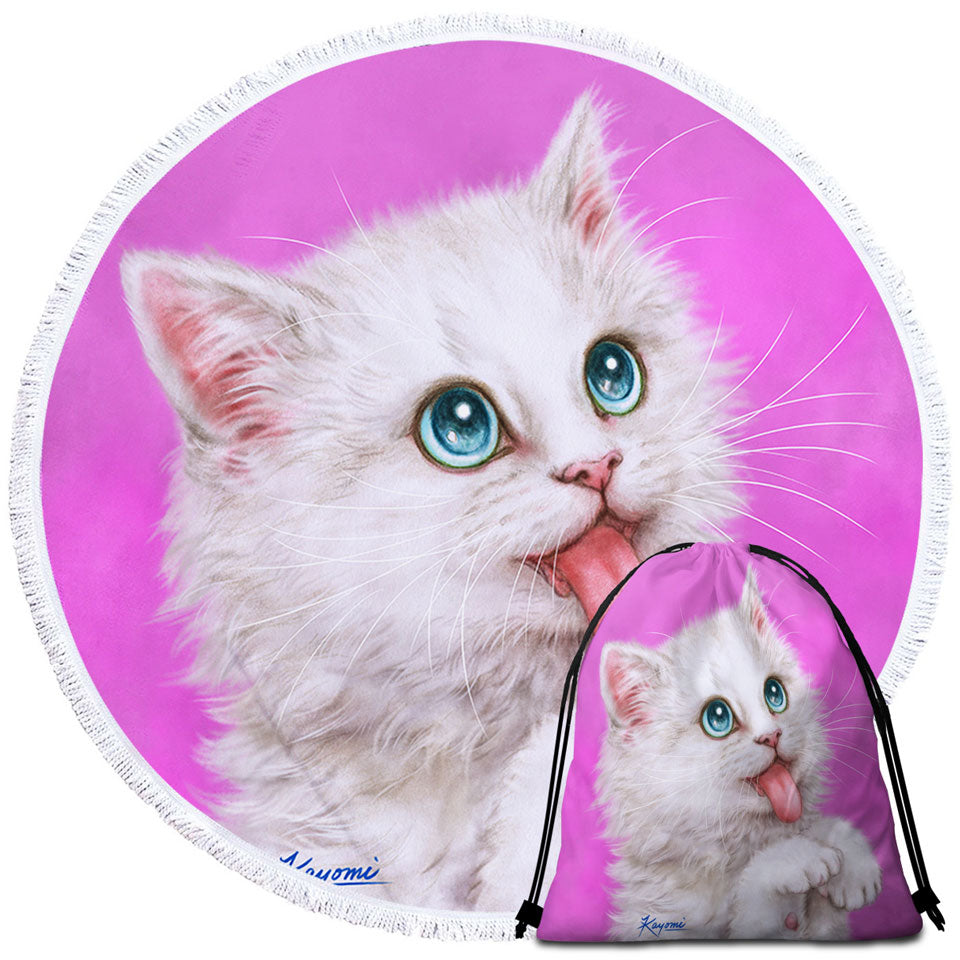 Funny Cats Hungry White Kitty Cat over Pink Round Beach Towel