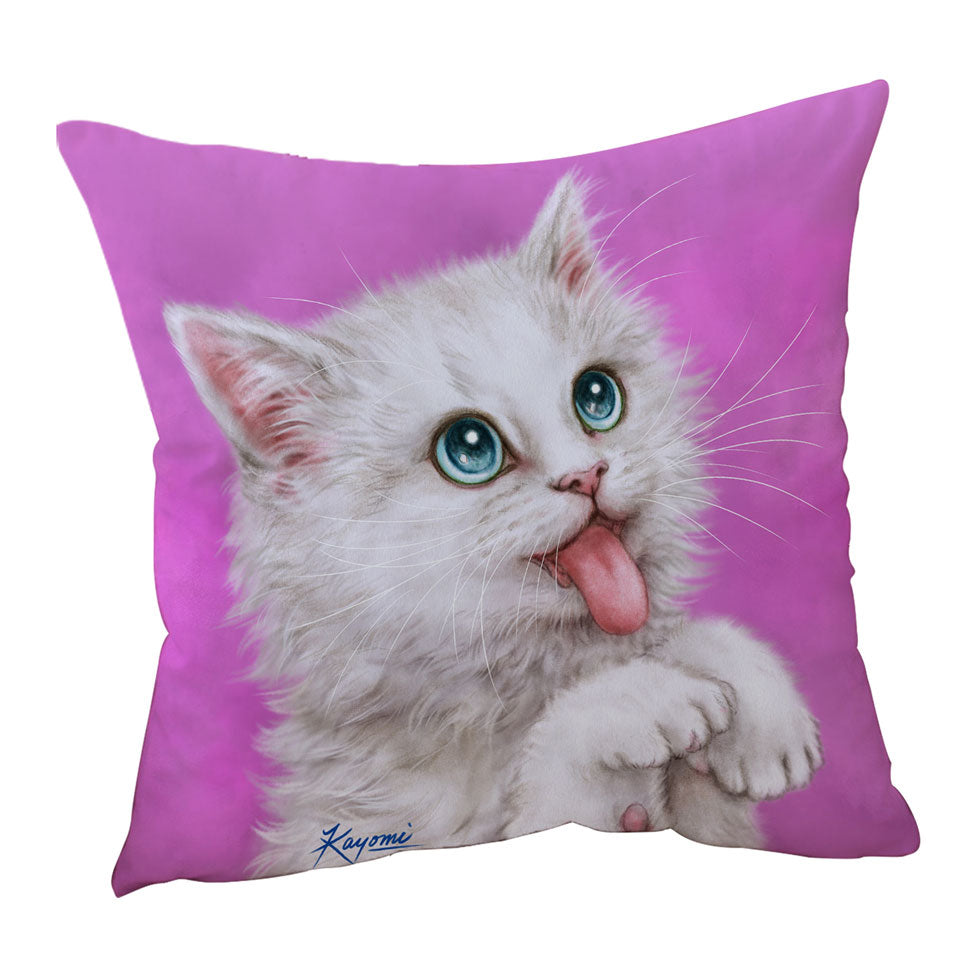 Funny Cats Hungry White Kitty Cat over Pink Throw Pillow