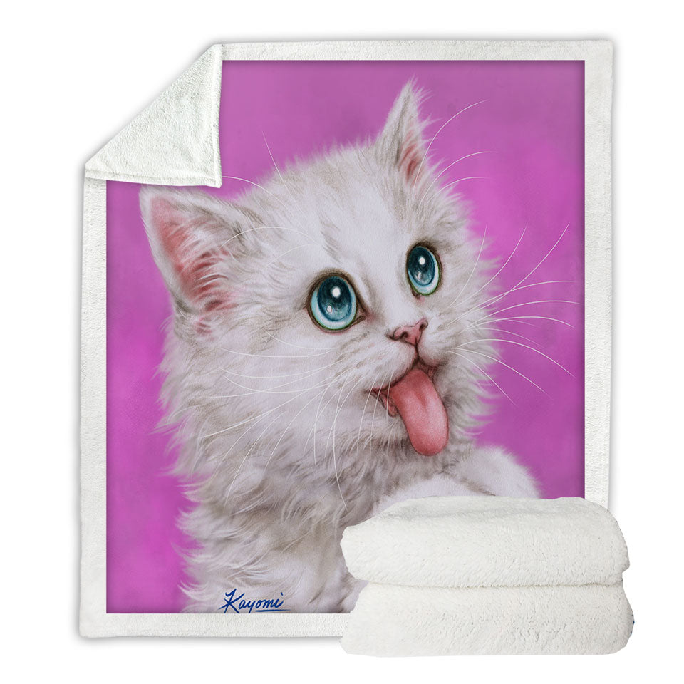 Funny Cats Hungry White Kitty Cat over Pink Throws