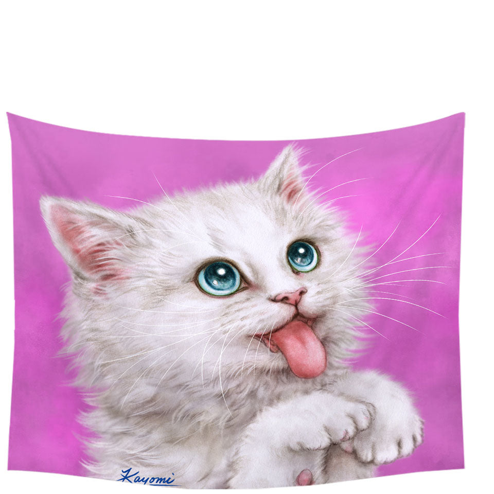 Funny Cats Hungry White Kitty Cat over Pink Wall Decor