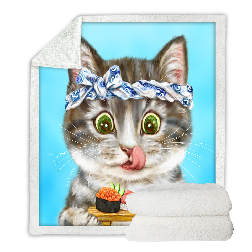 Funny Cats Lightweight Blankets Paintings Sushi Lover Kitten