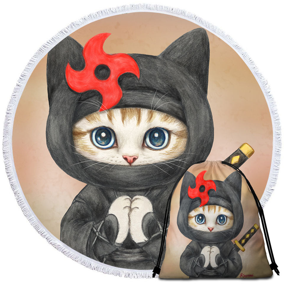 Funny Cats Round Beach Towel Cute Ninga Kitten