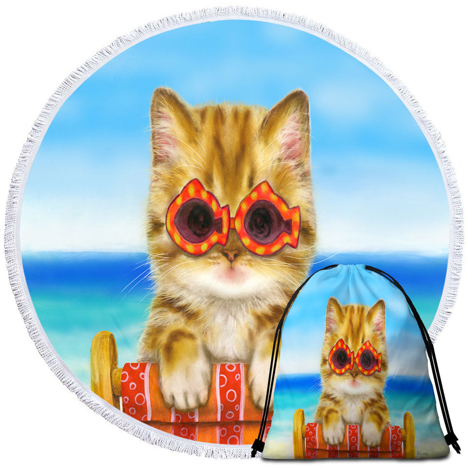 Funny Cats Round Beach Towel Ginger Tabby Kitten at the Beach
