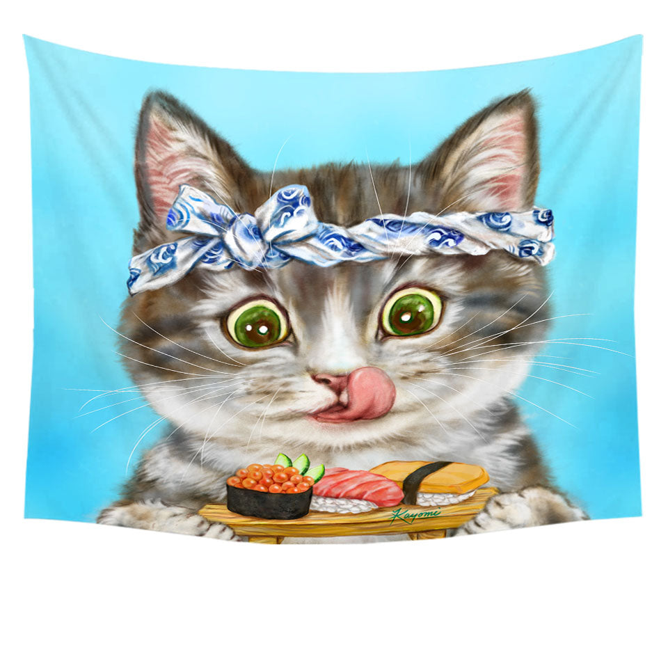 Funny Cats Tapestry Wall Decor Paintings Sushi Lover Kitten