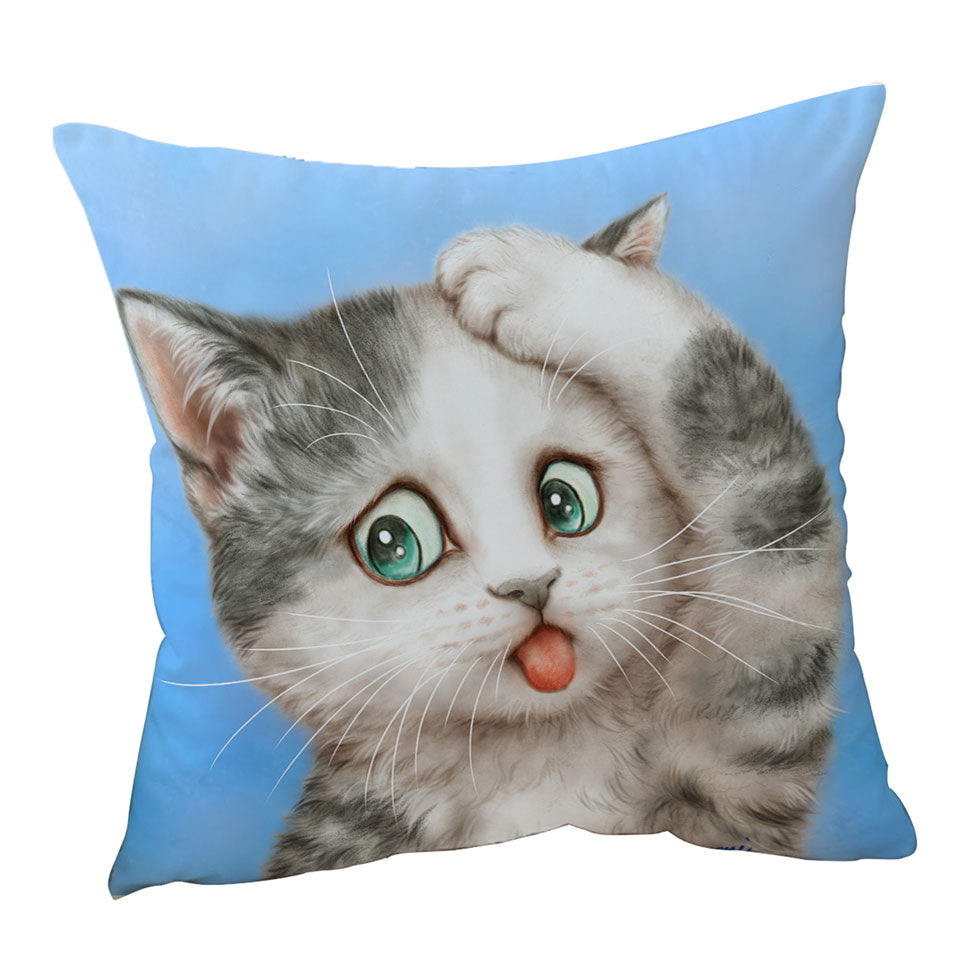 Funny Cats Throw Pillow and Cushion Covers with Art Frustrated Grey Kitty