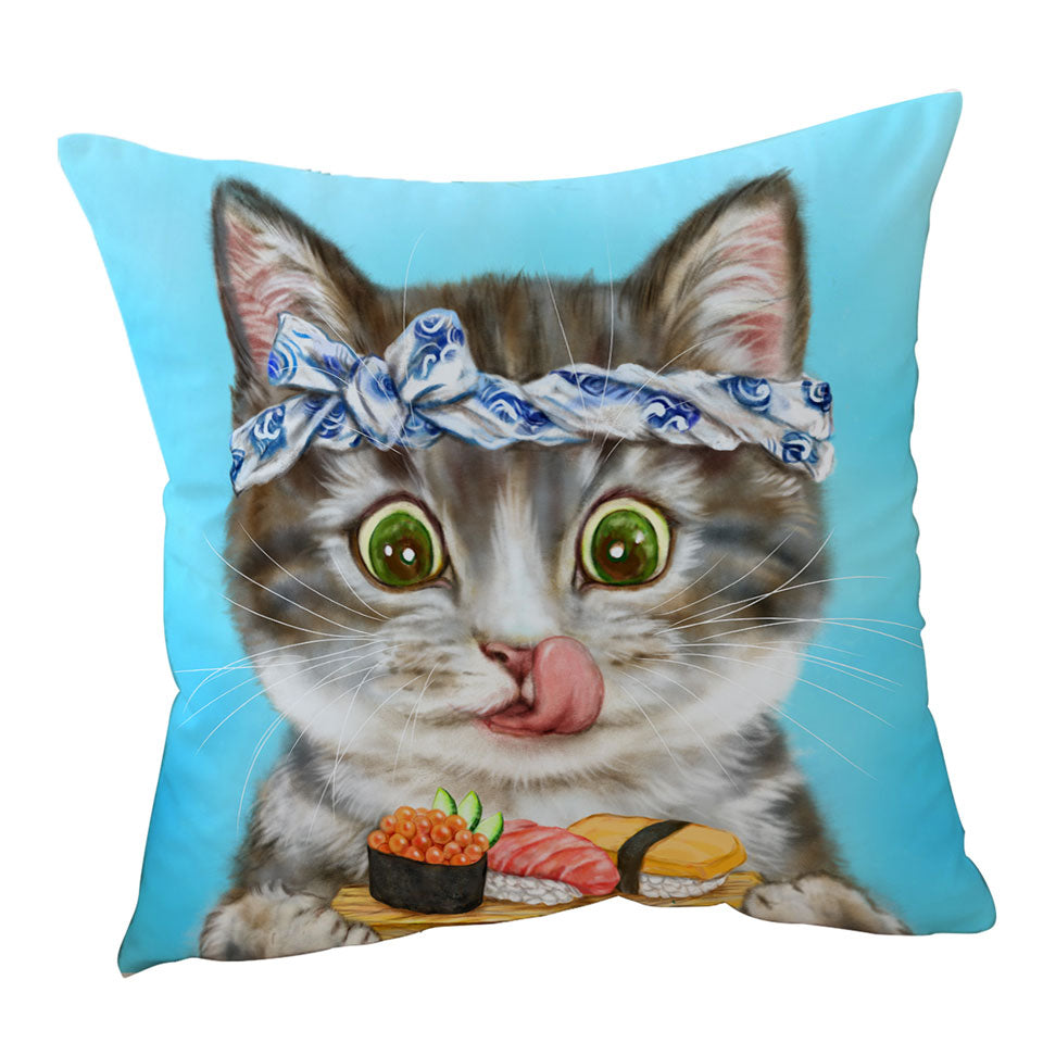 Funny Cats Throw Pillow and Cushions Paintings Sushi Lover Kitten