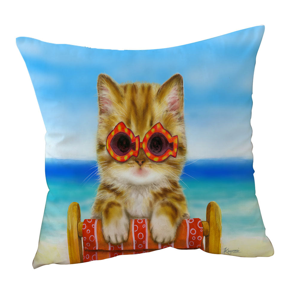 Funny Cats Throw Pillows with Ginger Tabby Kitten at the Beach