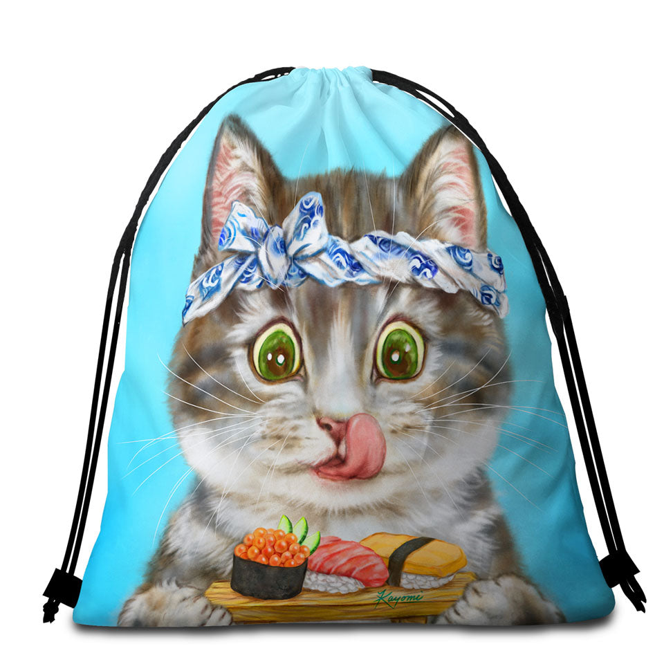 Funny Cats Unusual Beach Towels Paintings Sushi Lover Kitten