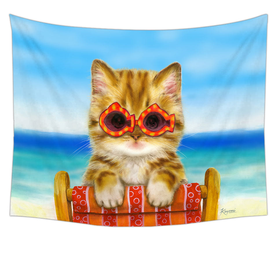 Funny Cats Wall Decor Ginger Tabby Kitten at the Beach Tapestry