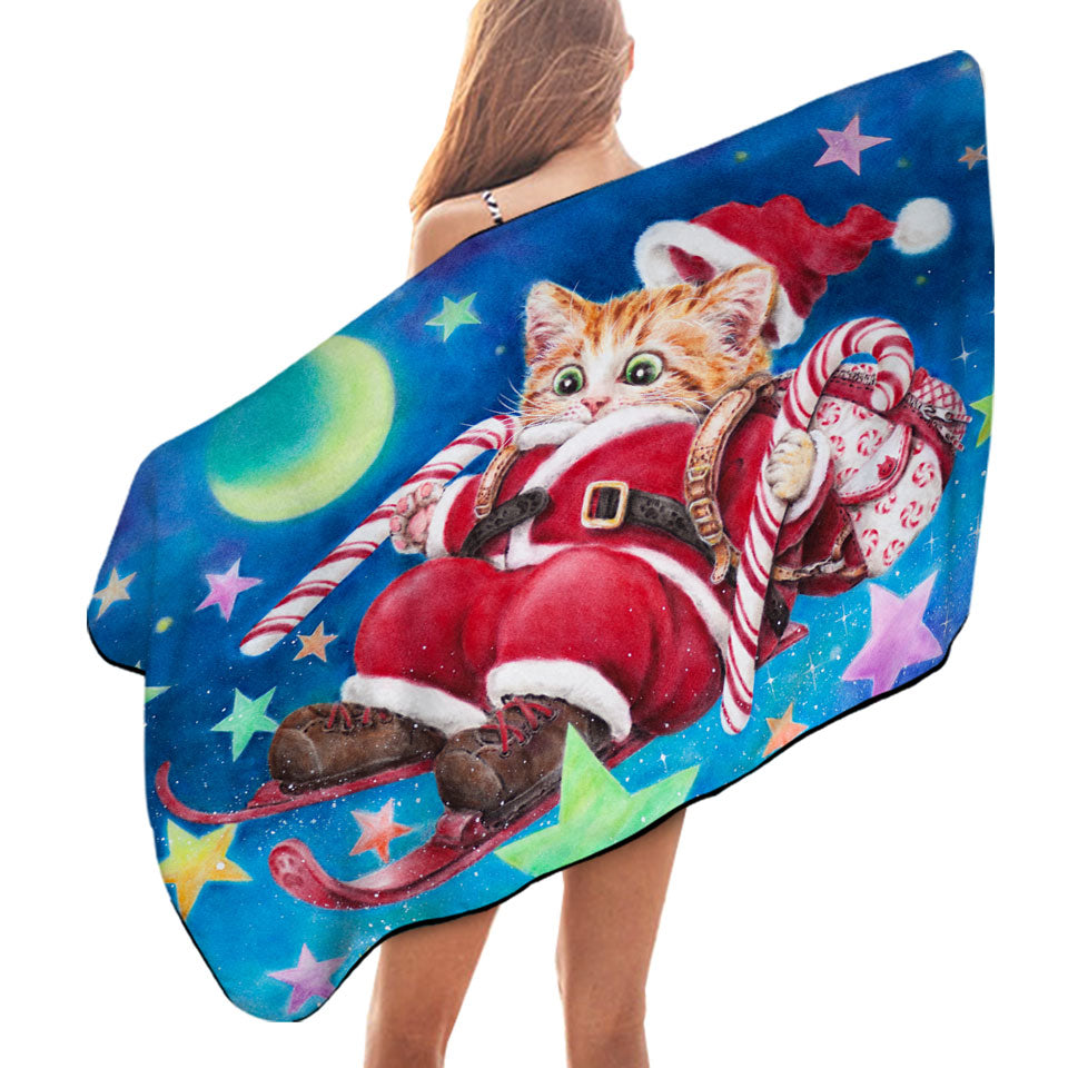 Funny Christmas Cats Skiing Kitten Santa Beach Towels