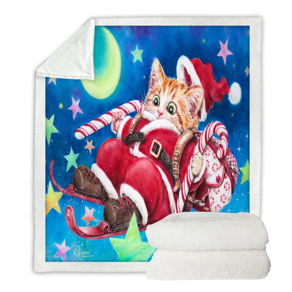 Funny Christmas Cats Skiing Kitten Santa Fleece Blankets