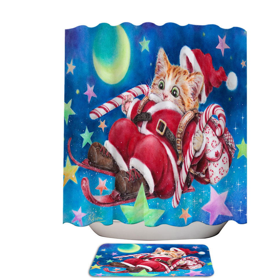 Funny Christmas Cats Skiing Kitten Santa Shower Curtain