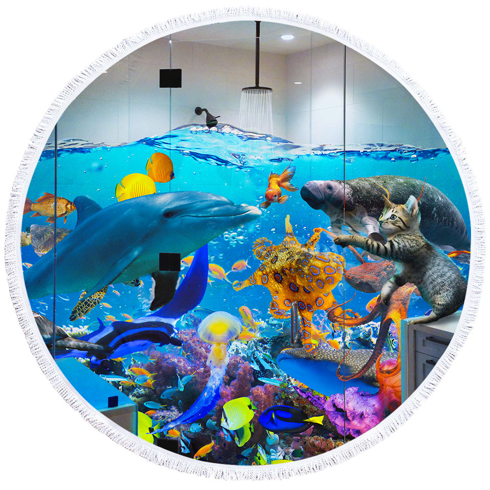 Funny Circle Beach Towel Artwork Crazy Shower Room Marine Life and Cat