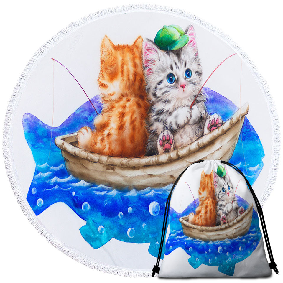 Funny Circle Beach Towel Cats Art Drawing Fishing Buddies Kittens