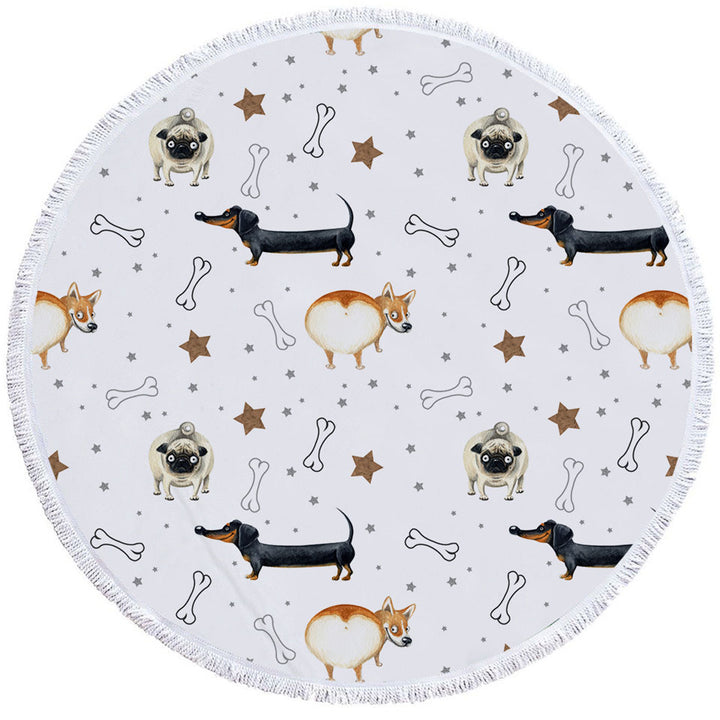 Funny Circle Beach Towel Dogs and Bones Pattern
