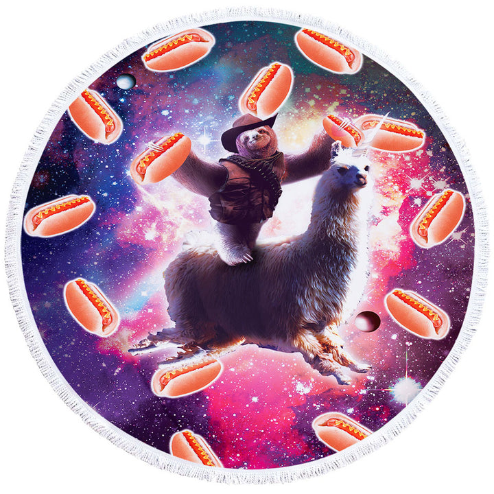 Funny Circle Beach Towel Hot Dogs Space Cowboy Sloth on Llama Unicorn