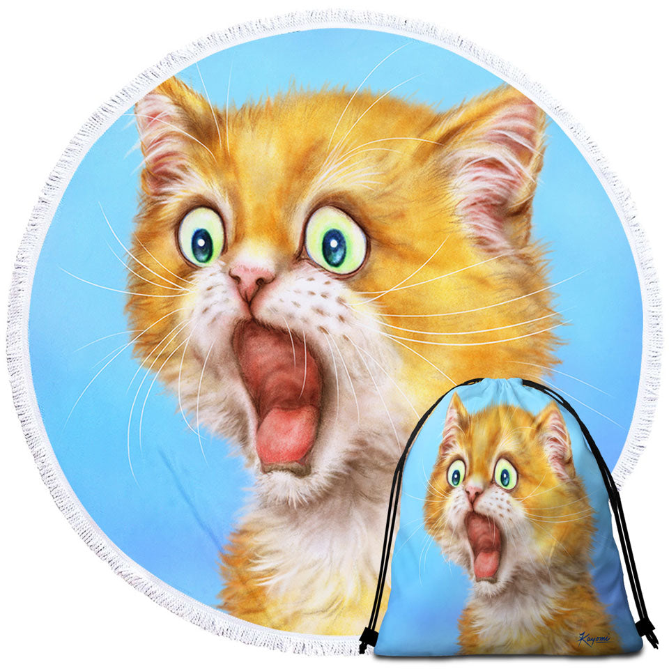 Funny Circle Beach Towels with Kittens Ginger Kitty Cat is in Shock