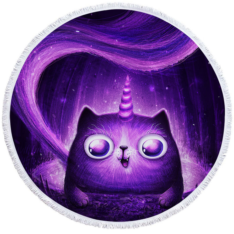 Funny Circle Towel Crazy Eyes Purple Unicorn Cat