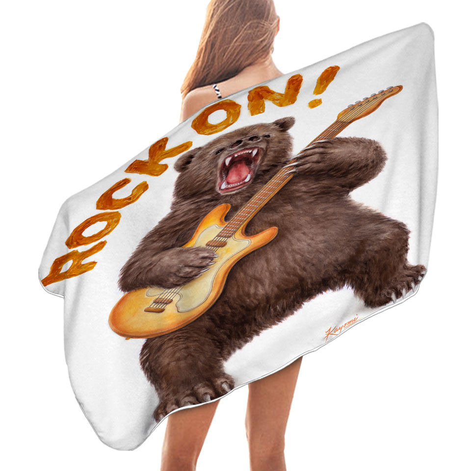 Funny Cool Animal Art Rock on Guitar Bear Beach Towels