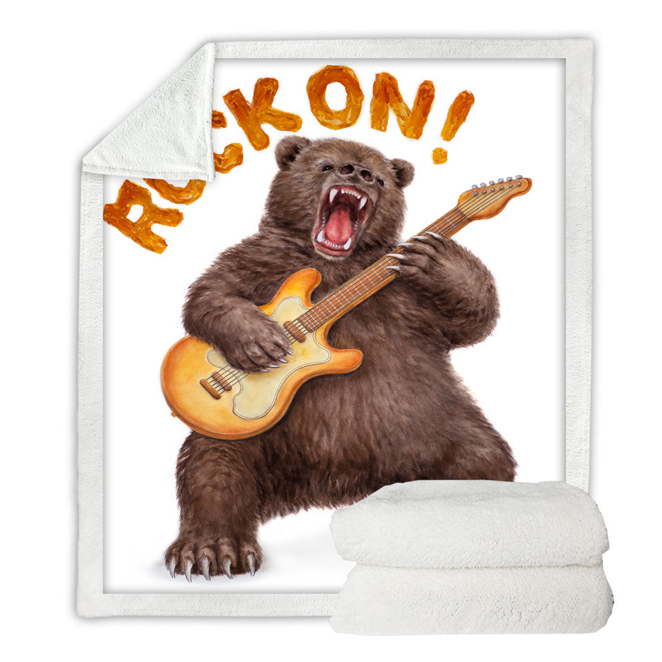 Funny Cool Animal Art Rock on Guitar Bear Fleece Blankets