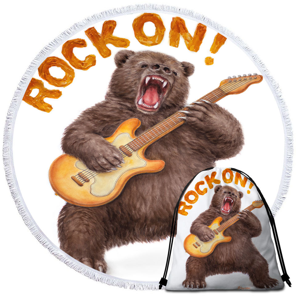 Funny Cool Animal Art Rock on Guitar Bear Round Beach Towel