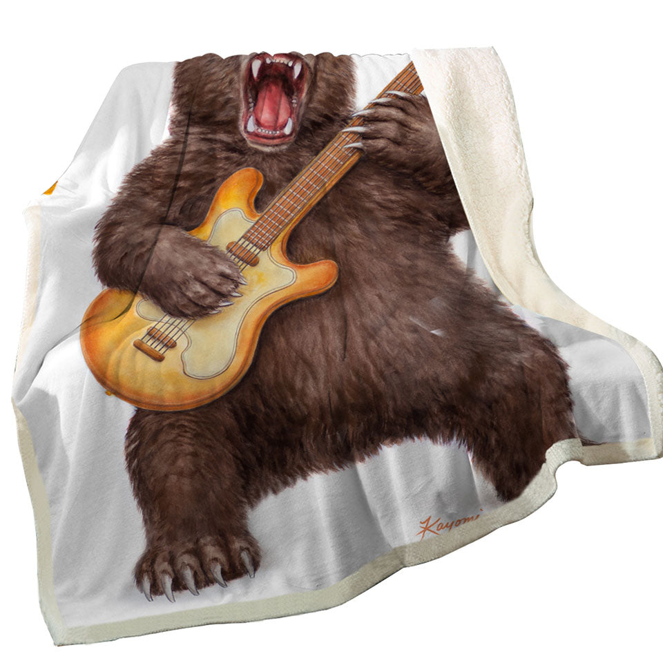 Funny Cool Animal Art Rock on Guitar Bear Throw Blanket