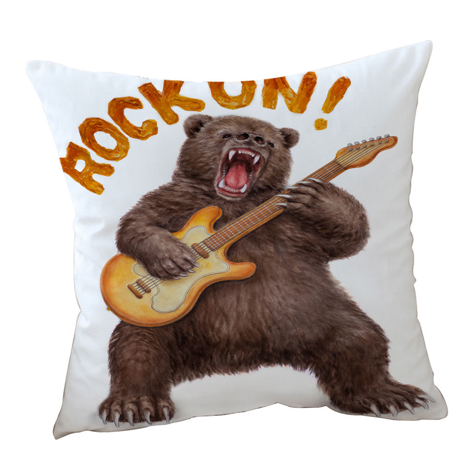 Funny Cool Animal Art Rock on Guitar Bear Throw Pillow