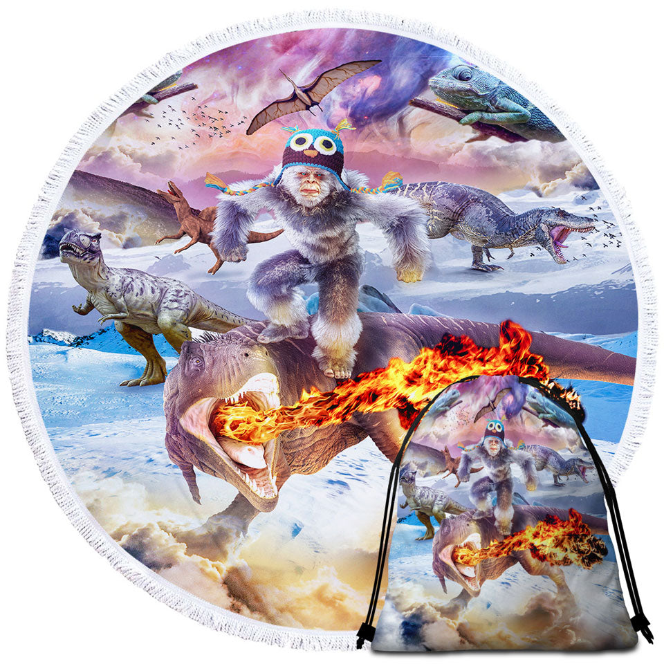 Funny Crazy Beach Towels with Bigfoot Yeti Sasquatch Riding Dinosaur
