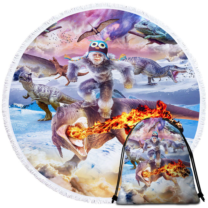 Funny Crazy Beach Towels with Bigfoot Yeti Sasquatch Riding Dinosaur