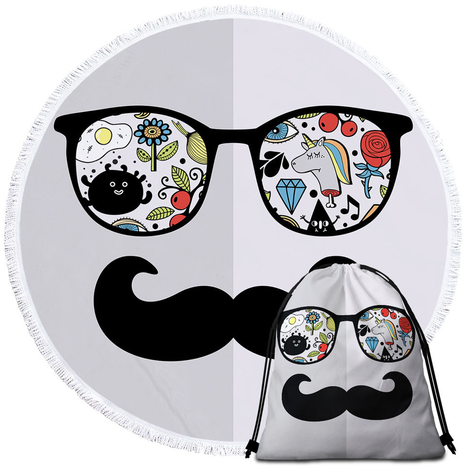 Funny Crazy Round Beach Towel Drawings on Cool Glasses