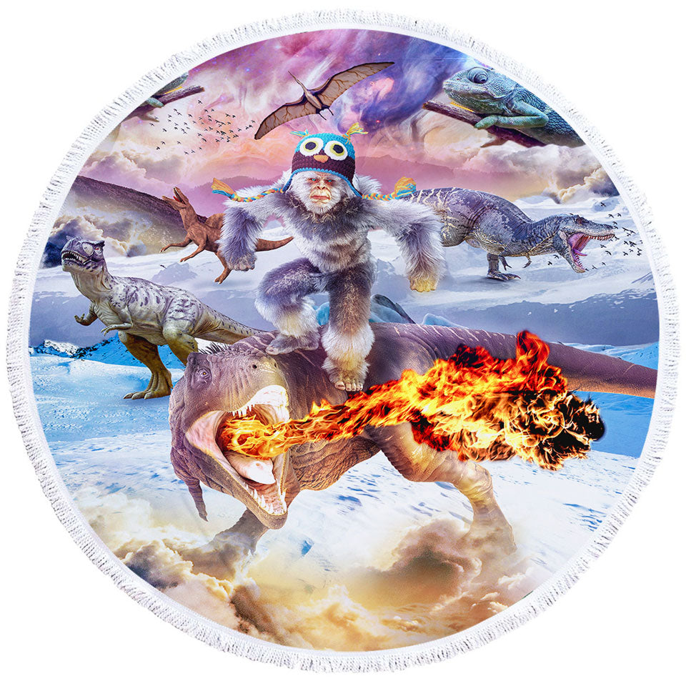 Funny Crazy Round Beach Towels with Bigfoot Yeti Sasquatch Riding Dinosaur