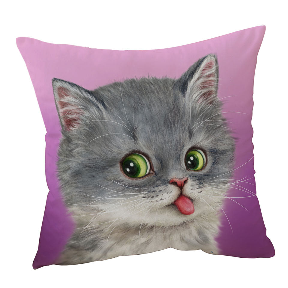 Funny Cushion Cover Tongue Out Funny Face Grey Kitten Cat
