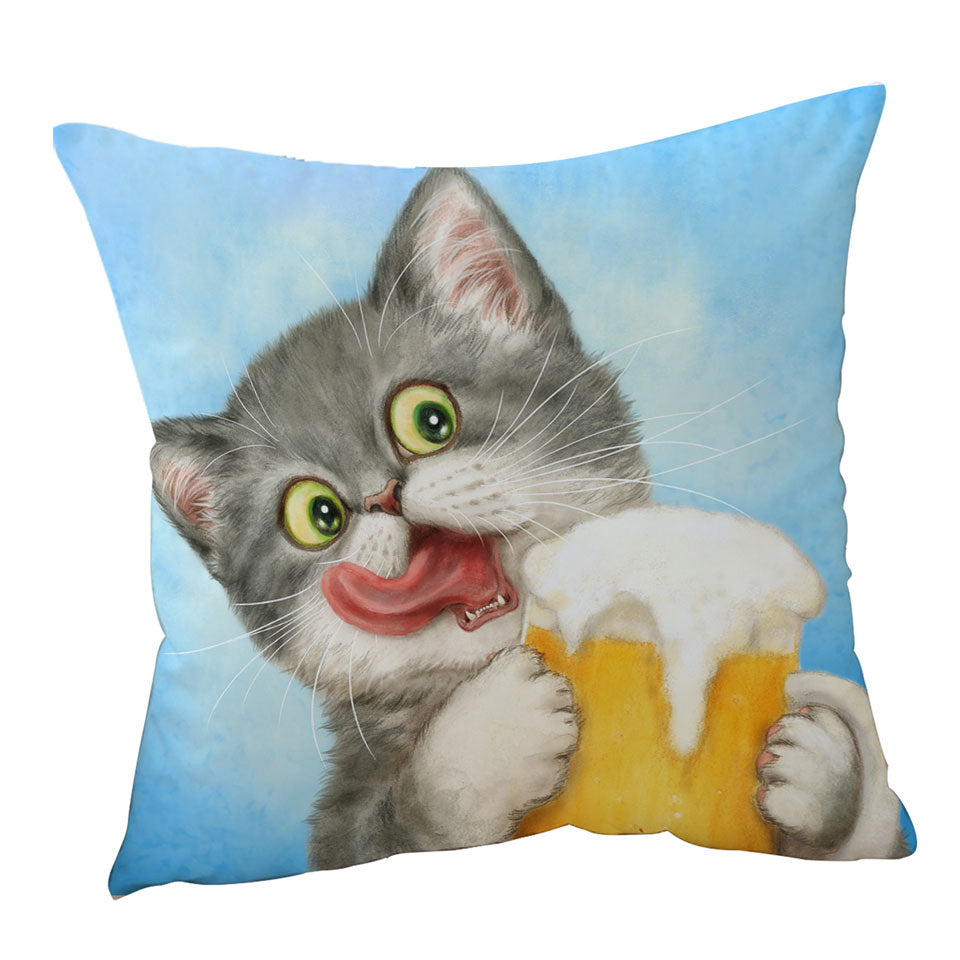 Funny Cushion Covers Cats Art Crazy for Beer Grey Kitten