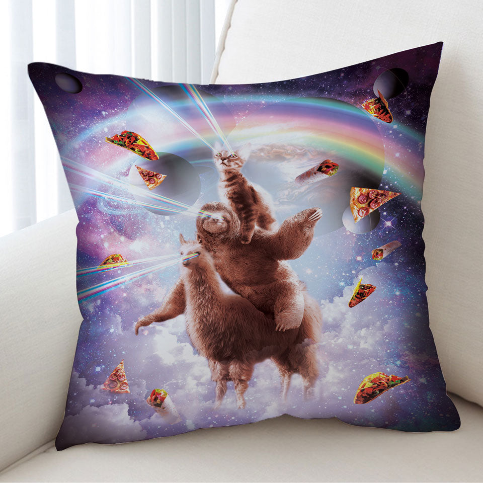 Funny Cushion Covers Crazy Art Space Cat Riding a Sloth Riding a Llama