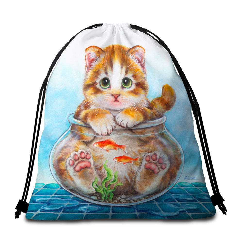 Funny Cute Beach Towel Bags Cats Design Ginger Kitten in Fish Bowl