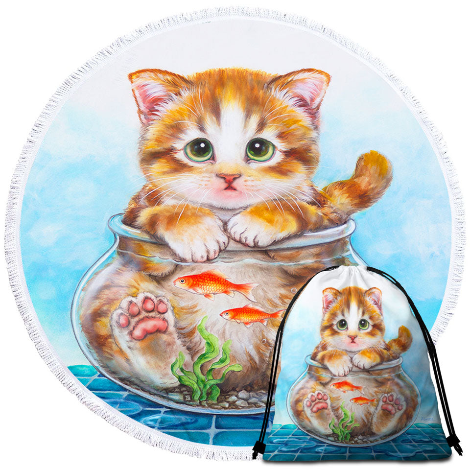 Funny Cute Beach towels Cats Design Ginger Kitten in Fish Bowl