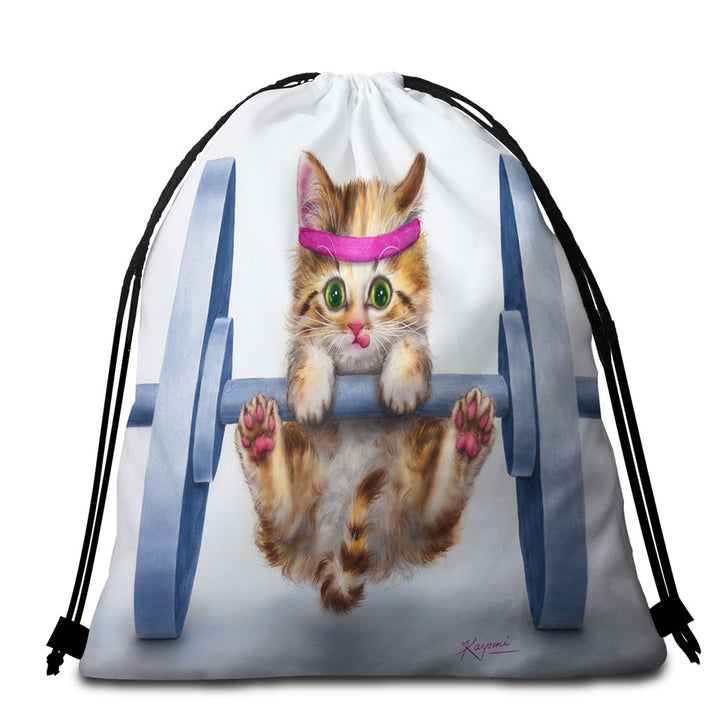 Funny Cute Cat Lifting Weights Beach Bags and Towels