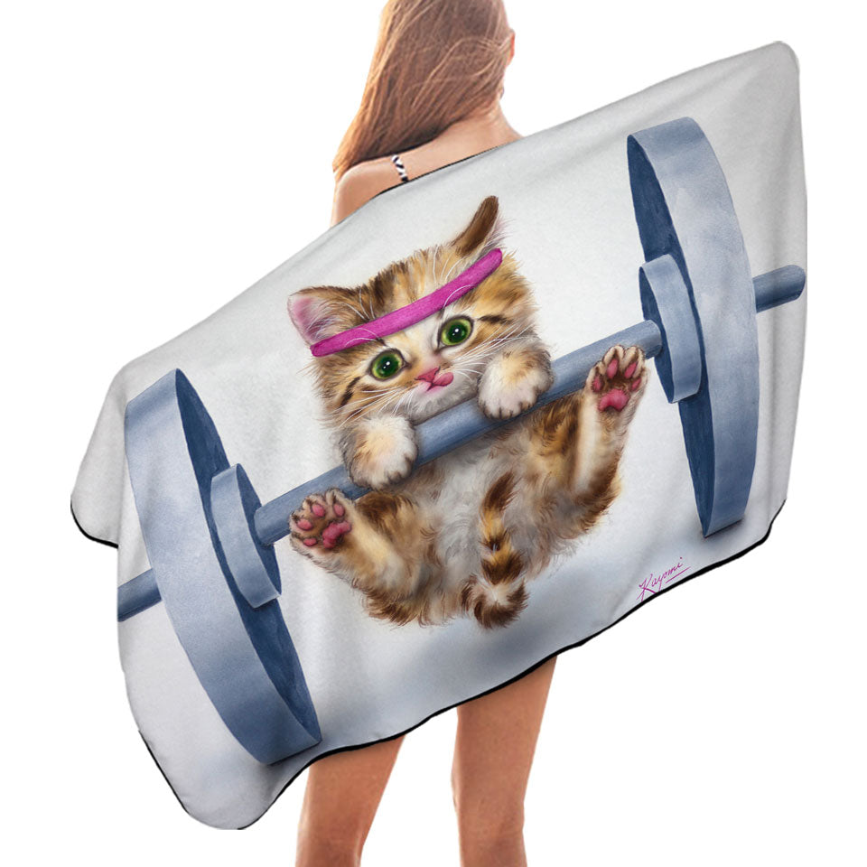 Funny Cute Cat Lifting Weights Microfiber Beach Towel