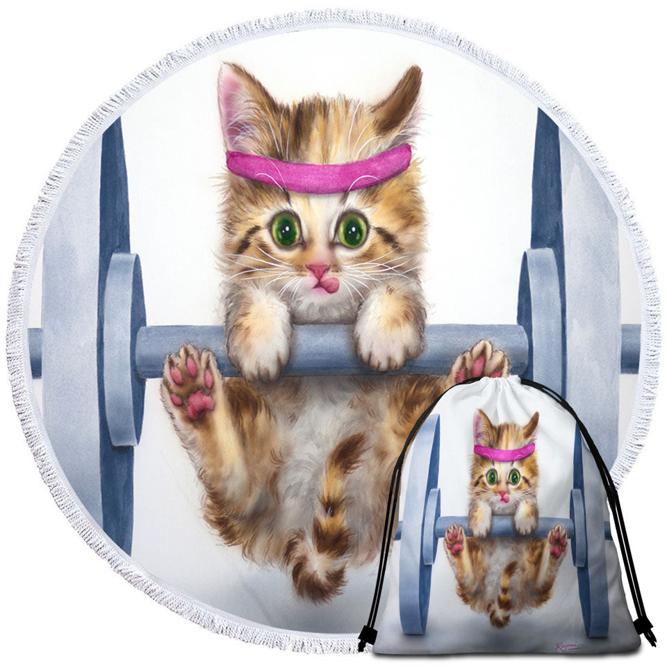 Funny Cute Cat Lifting Weights Round Beach Towel