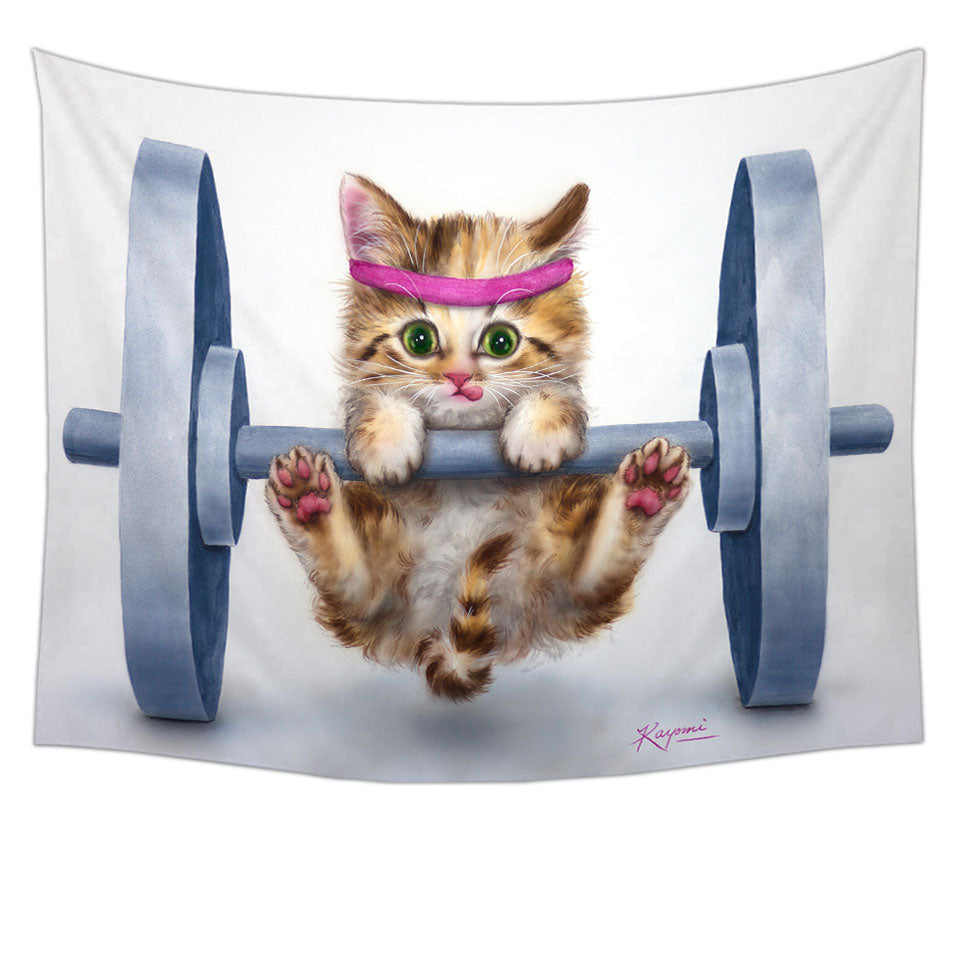 Funny Cute Cat Lifting Weights Tapestry