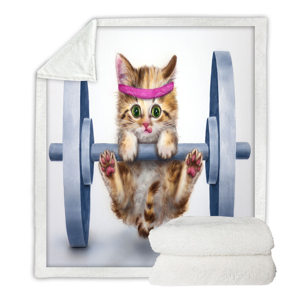 Funny Cute Cat Lifting Weights Throw Blanket