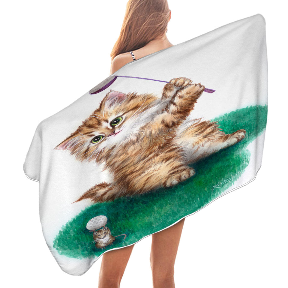 Funny Cute Cat Little Golfer Beach Towels