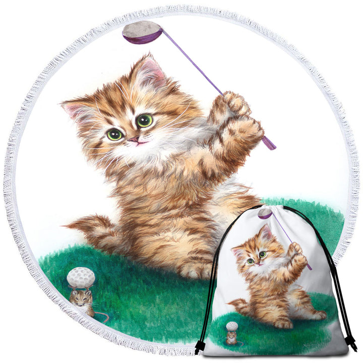 Funny Cute Cat Little Golfer Big Beach Towels